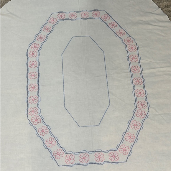 Embroidered Oval Tablecloth - White with Pink and Blue Accents - Picture 3 of 11